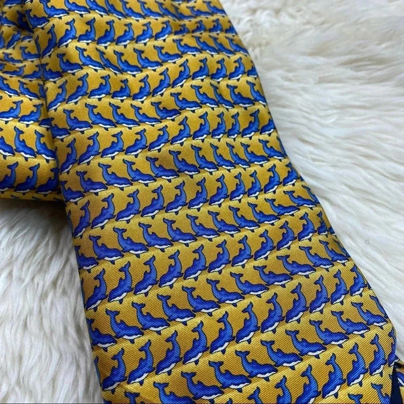 Burberry London Yellow and Blue Dolphin Print Silk Tie - Picture 3 of 6